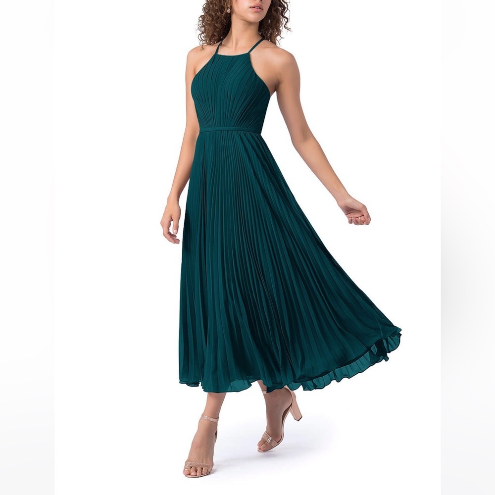 AZAZIE DASHA A Line Pleated Chiffon Dress Pine Green